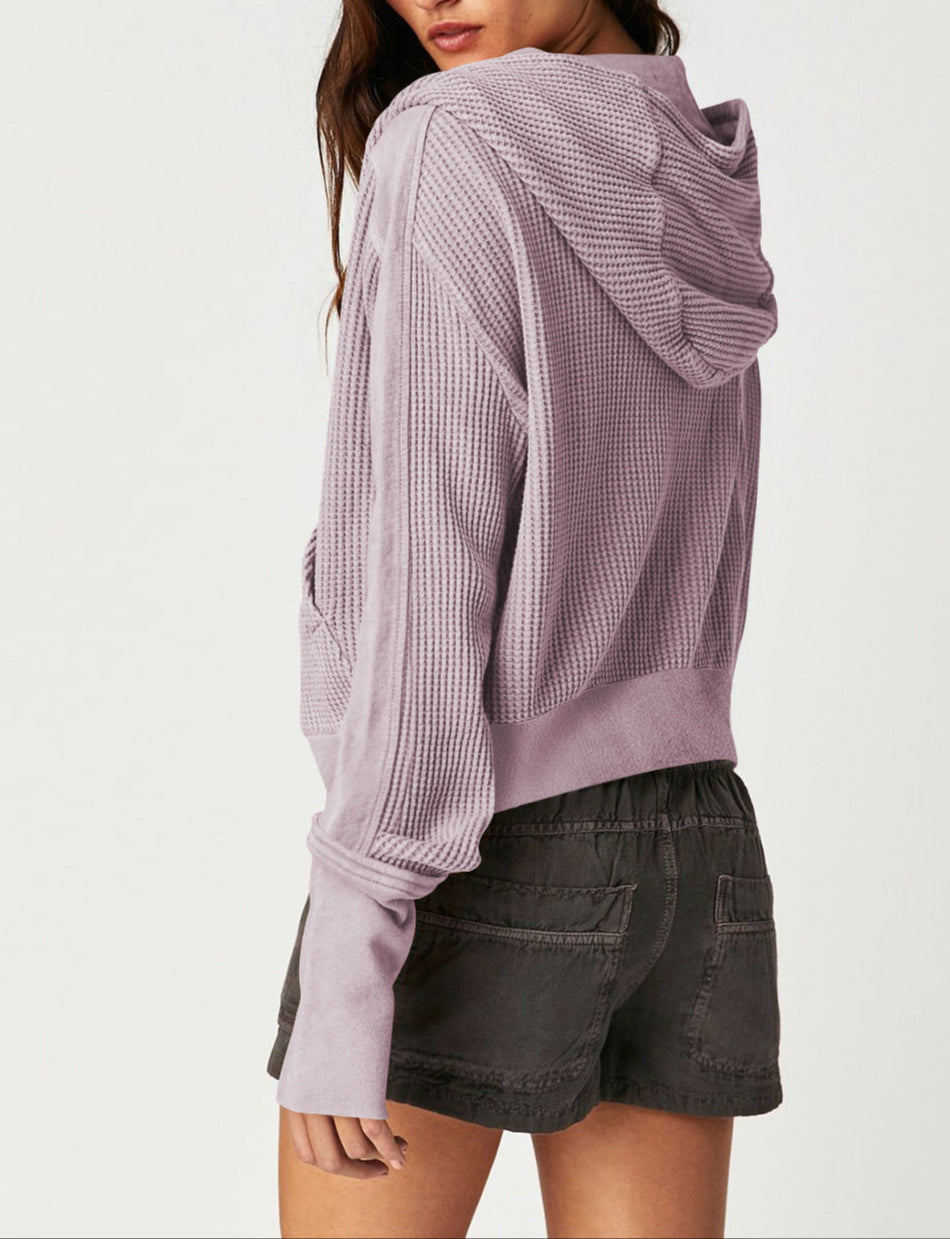 Sweat à Capuche Zippé Coton Femme – Coupe Crop Tricot Gaufré Style Actuel
