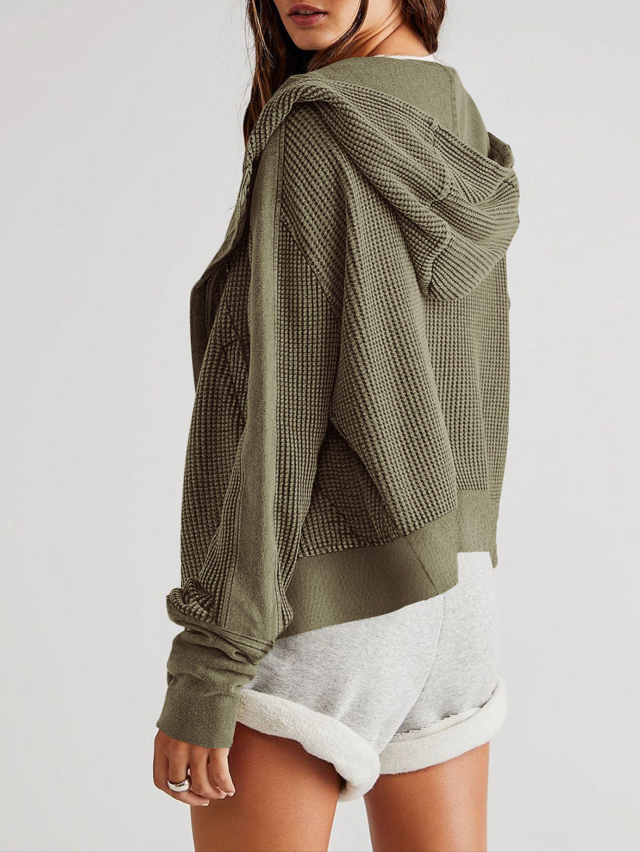 Sweat à Capuche Zippé Coton Femme – Coupe Crop Tricot Gaufré Style Actuel