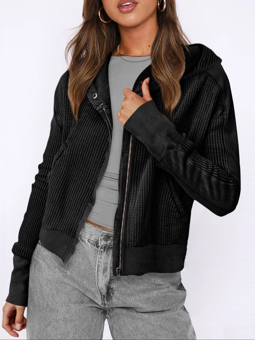 Sweat à Capuche Zippé Coton Femme – Coupe Crop Tricot Gaufré Style Actuel