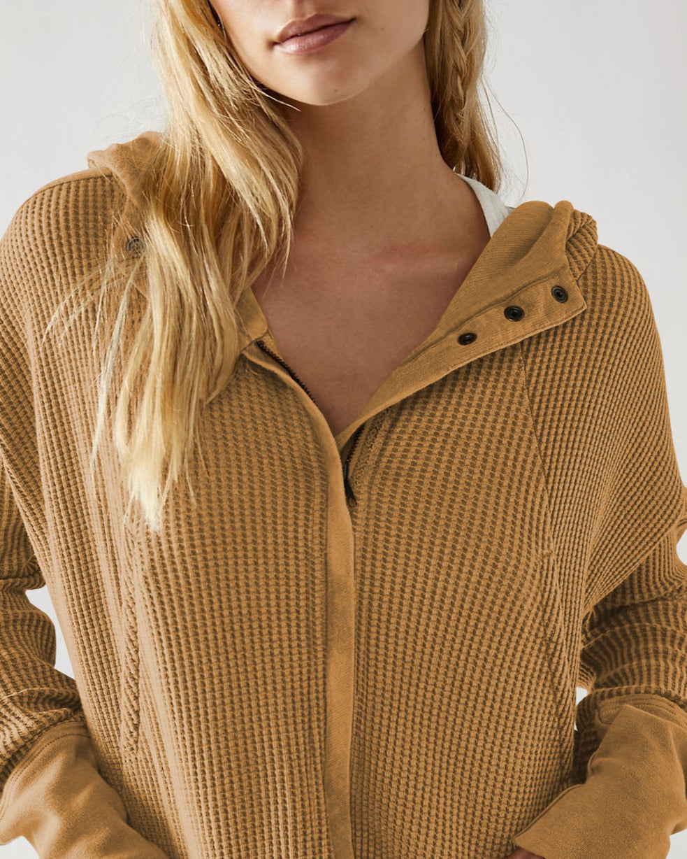 Sweat à Capuche Zippé Coton Femme – Coupe Crop Tricot Gaufré Style Actuel