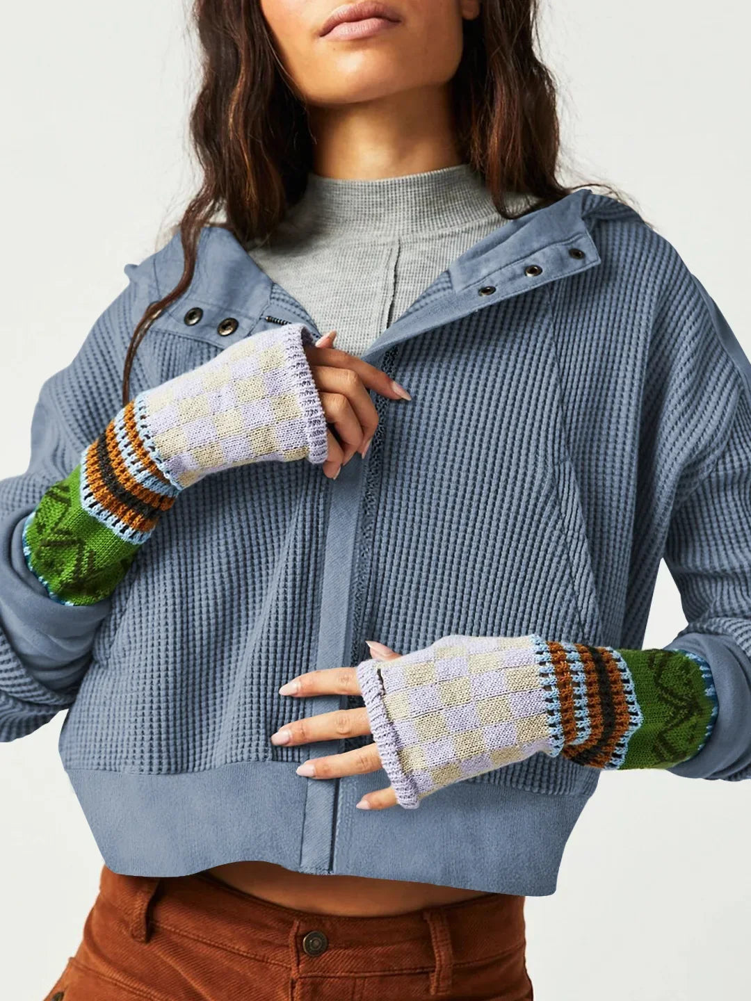 Sweat à Capuche Zippé Coton Femme – Coupe Crop Tricot Gaufré Style Actuel