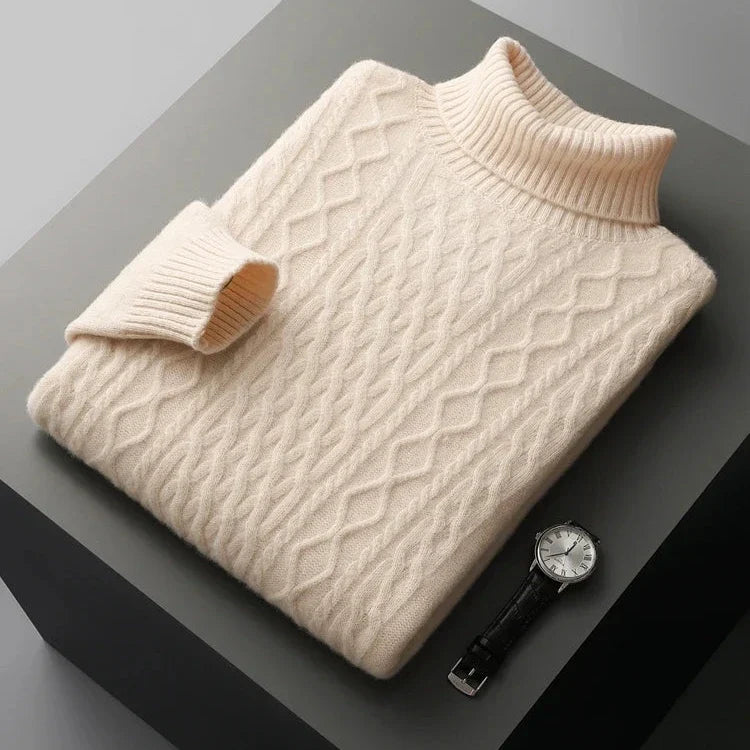 Pull en Laine Mérinos Homme – Col Roulé et Maille Torsadée Ajustée