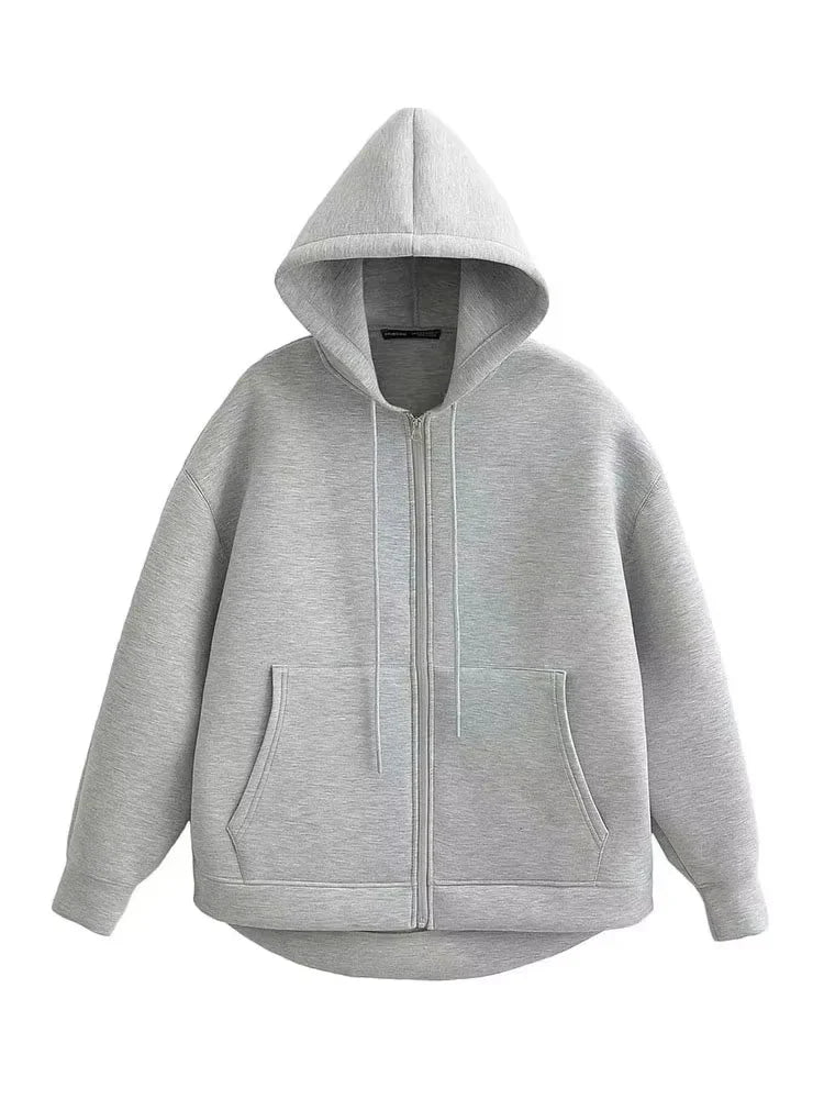 Sweat Zippé en Polyester Femme – Poches Doubles et Coupe Oversize Décontractée