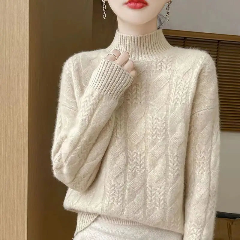 Pull en Cachemire Femme – Maille Torsadée et Col Mi-Haut Intemporel