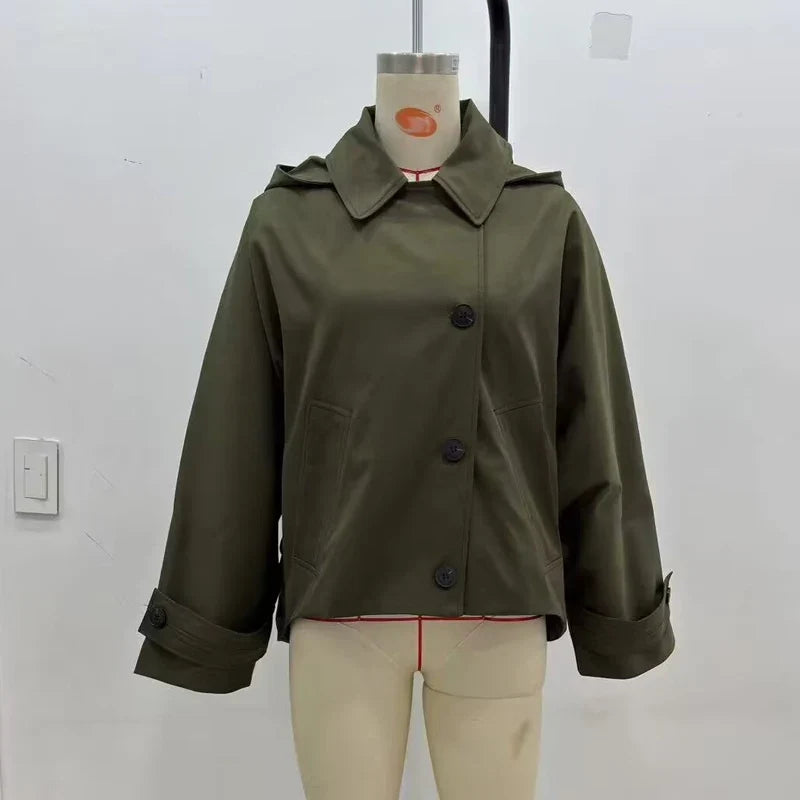 Trench en Polyester Femme – Capuche et Poches Plaquées Coupe Ample Intemporelle
