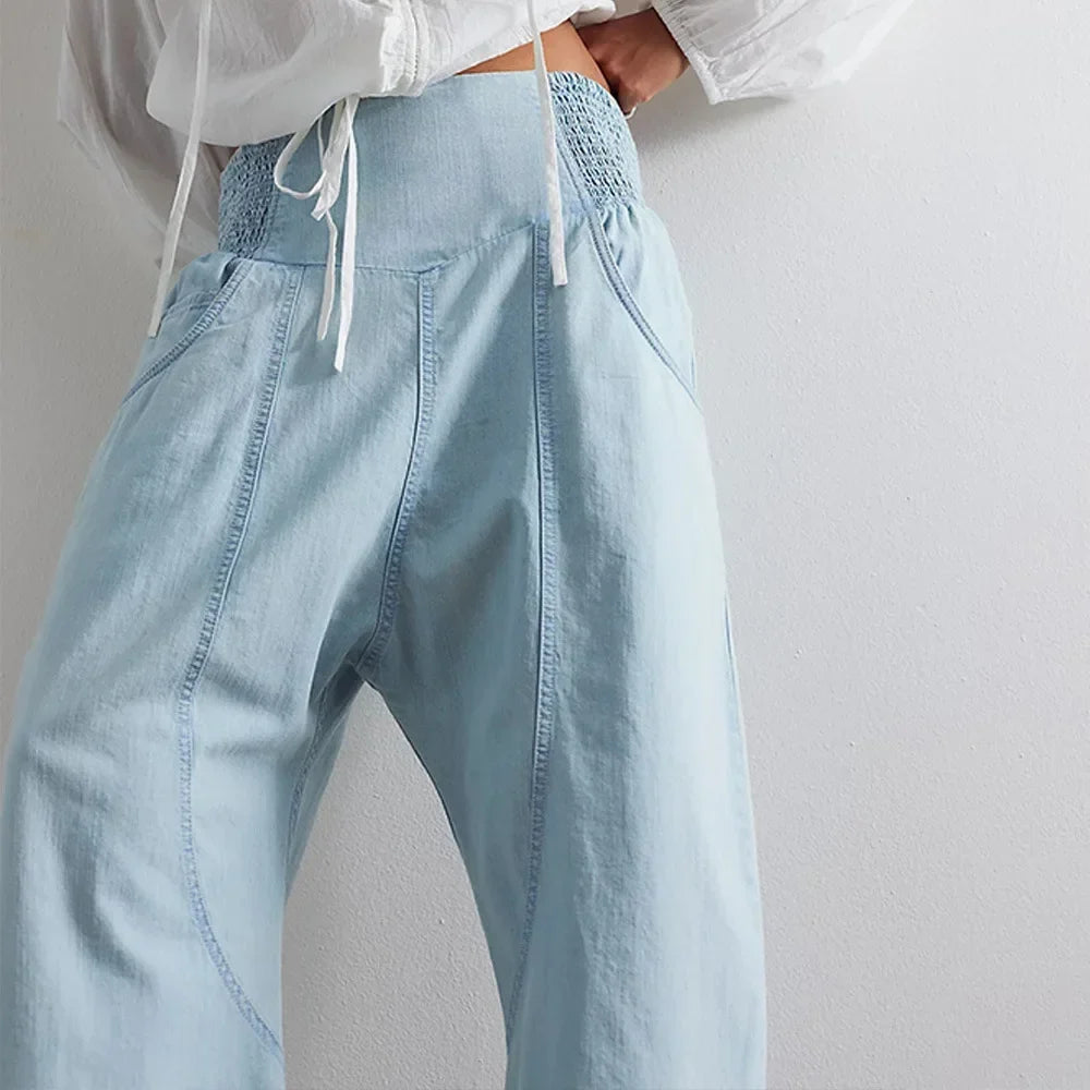 Pantalon en Coton et Lin Femme – Jambe Large et Ceinture Élastique