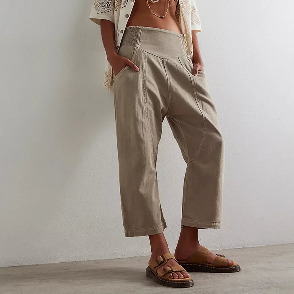 Pantalon en Coton et Lin Femme – Jambe Large et Ceinture Élastique