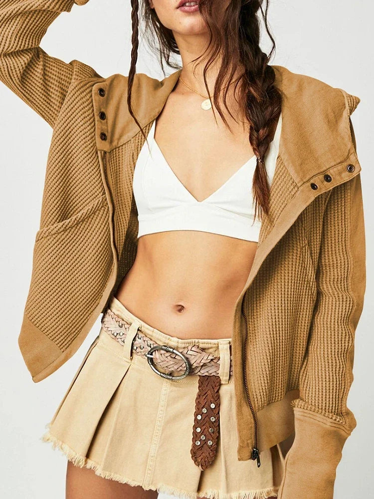 Sweat à Capuche Zippé Coton Femme – Coupe Crop Tricot Gaufré Style Actuel