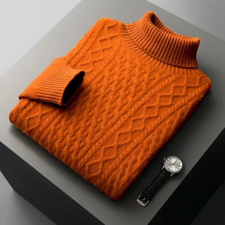 Pull en Laine Mérinos Homme – Col Roulé et Maille Torsadée Ajustée