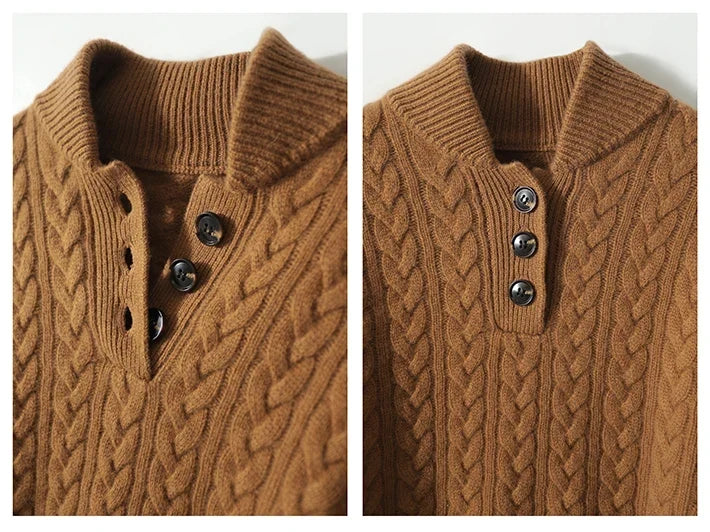 Pull en Laine et Coton Femme – Col Montant Boutonné et Maille Torsadée