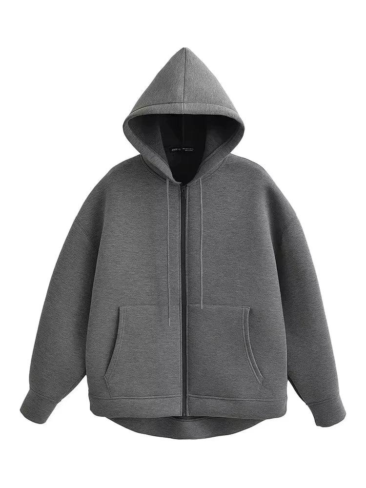 Sweat Zippé en Polyester Femme – Poches Doubles et Coupe Oversize Décontractée