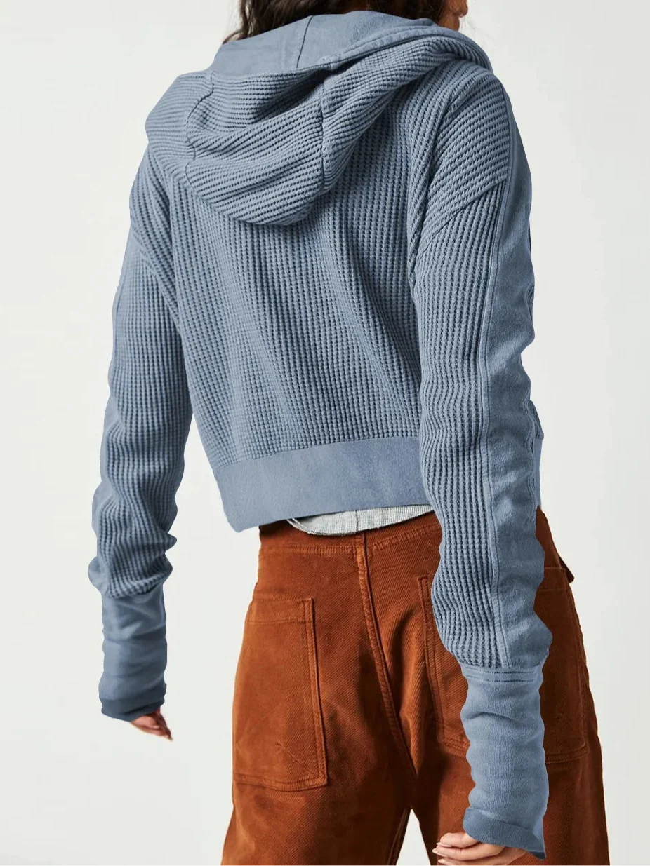 Sweat à Capuche Zippé Coton Femme – Coupe Crop Tricot Gaufré Style Actuel