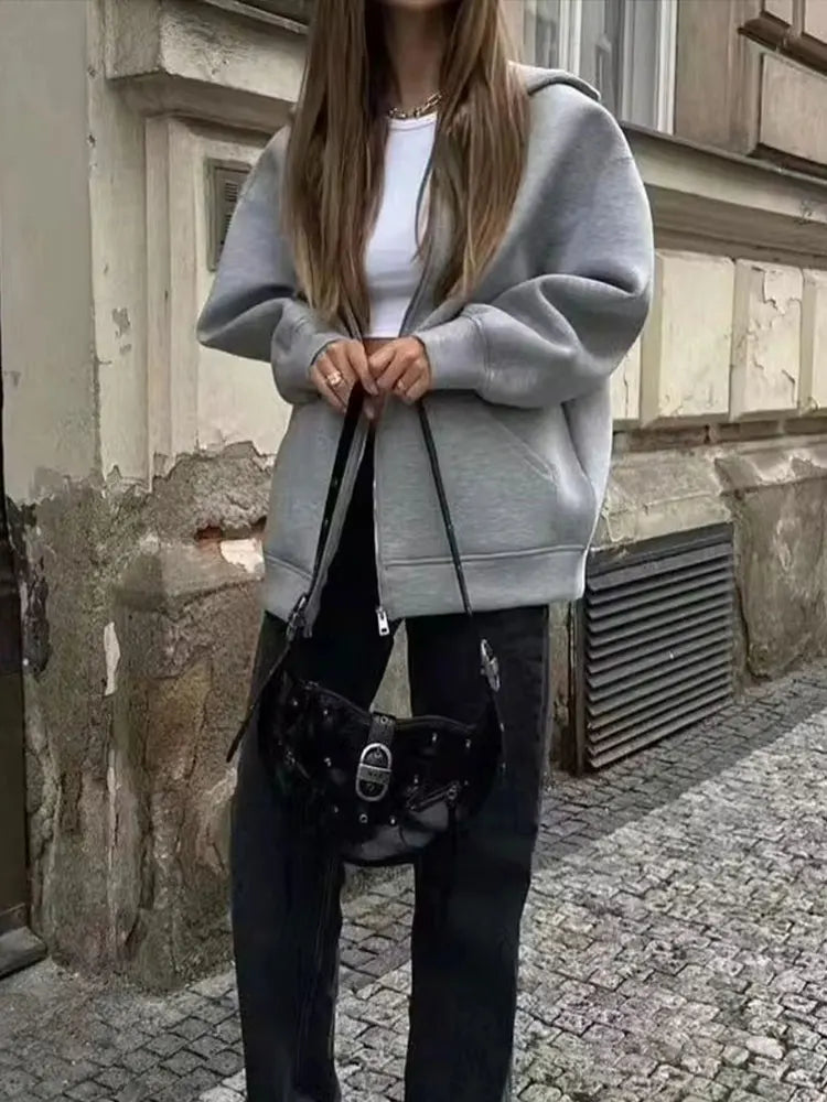 Sweat Zippé en Polyester Femme – Poches Doubles et Coupe Oversize Décontractée