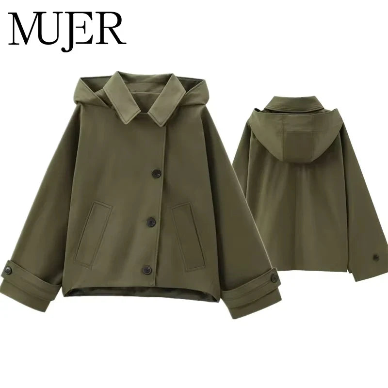 Trench en Polyester Femme – Capuche et Poches Plaquées Coupe Ample Intemporelle