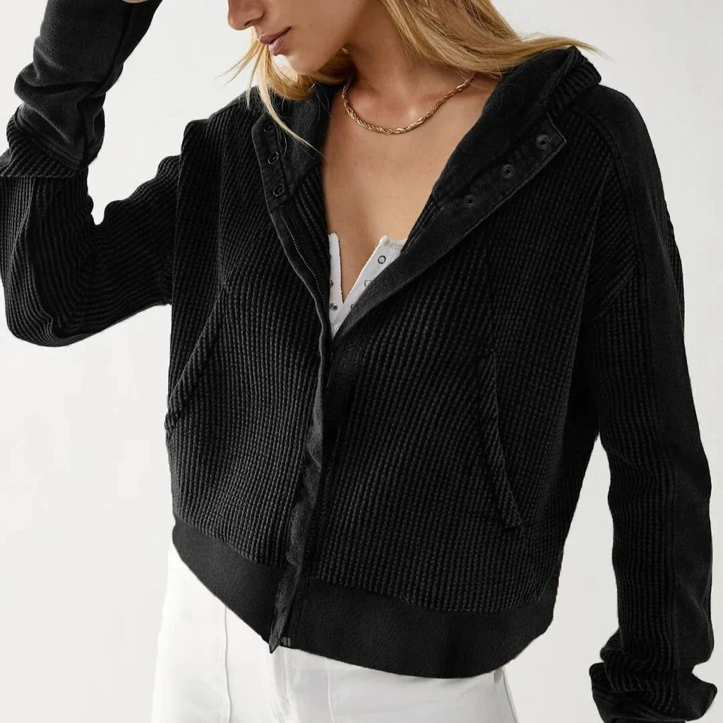 Sweat à Capuche Zippé Coton Femme – Coupe Crop Tricot Gaufré Style Actuel