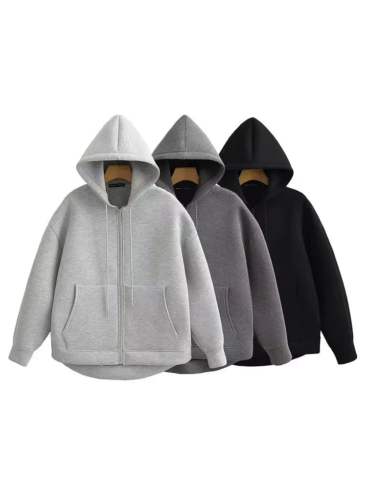 Sweat Zippé en Polyester Femme – Poches Doubles et Coupe Oversize Décontractée