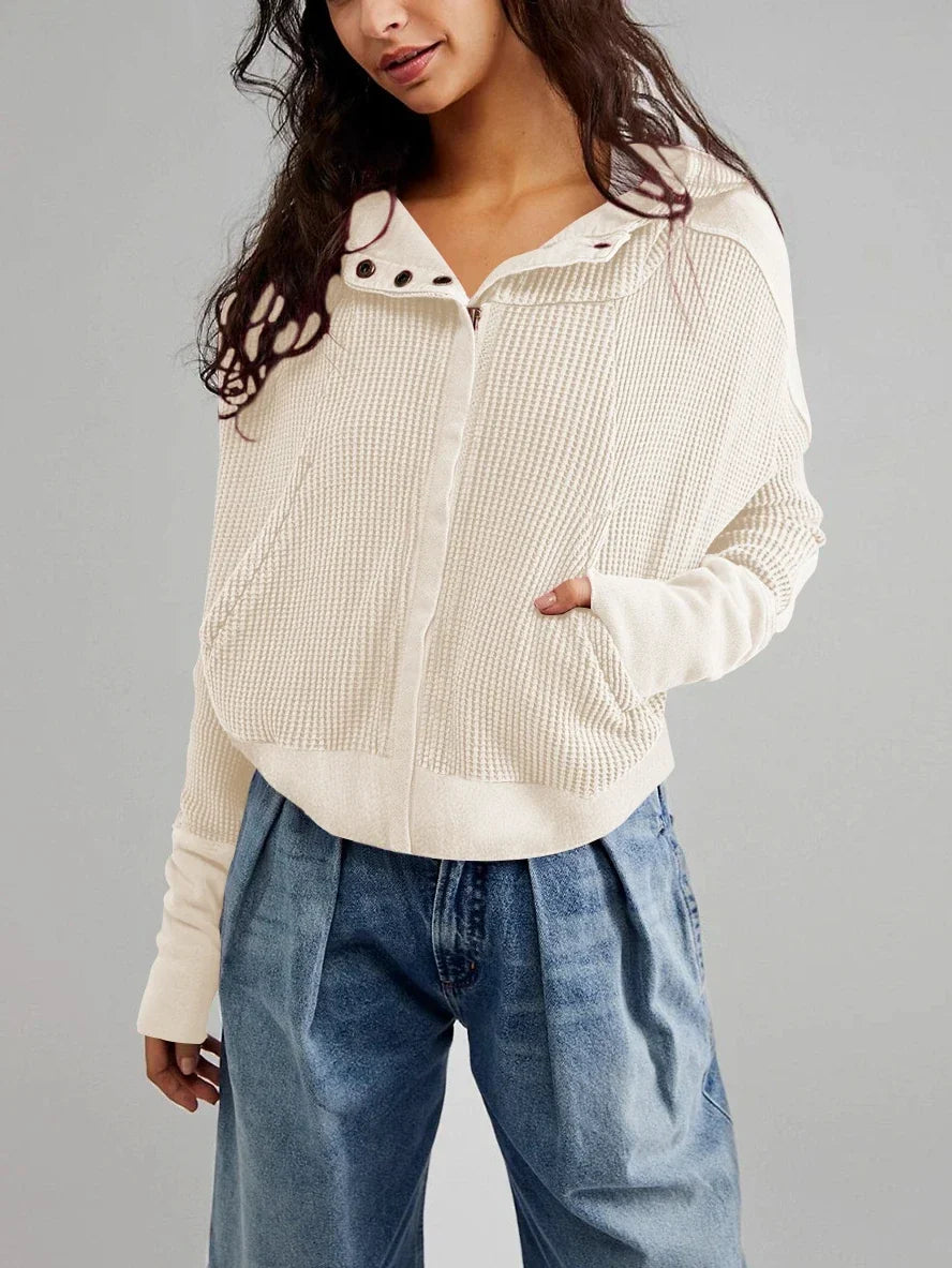 Sweat à Capuche Zippé Coton Femme – Coupe Crop Tricot Gaufré Style Actuel