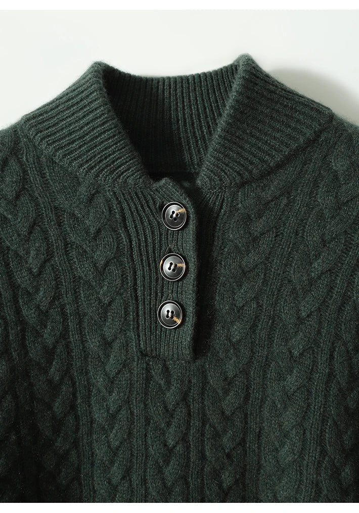 Pull en Laine et Coton Femme – Col Montant Boutonné et Maille Torsadée