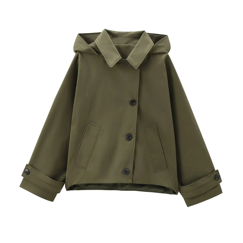 Trench en Polyester Femme – Capuche et Poches Plaquées Coupe Ample Intemporelle