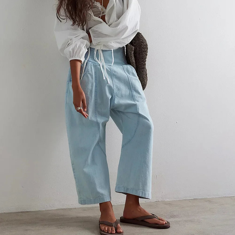 Pantalon en Coton et Lin Femme – Jambe Large et Ceinture Élastique