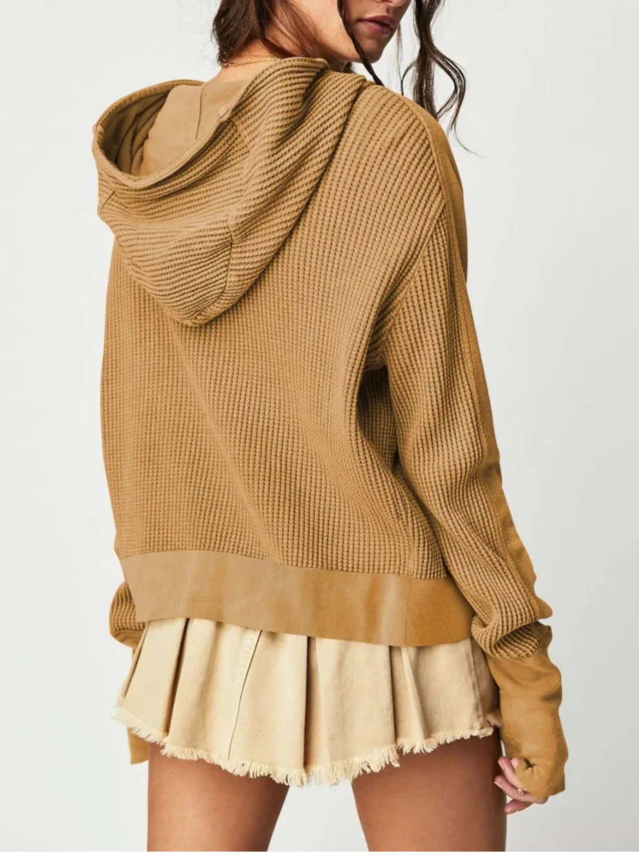 Sweat à Capuche Zippé Coton Femme – Coupe Crop Tricot Gaufré Style Actuel