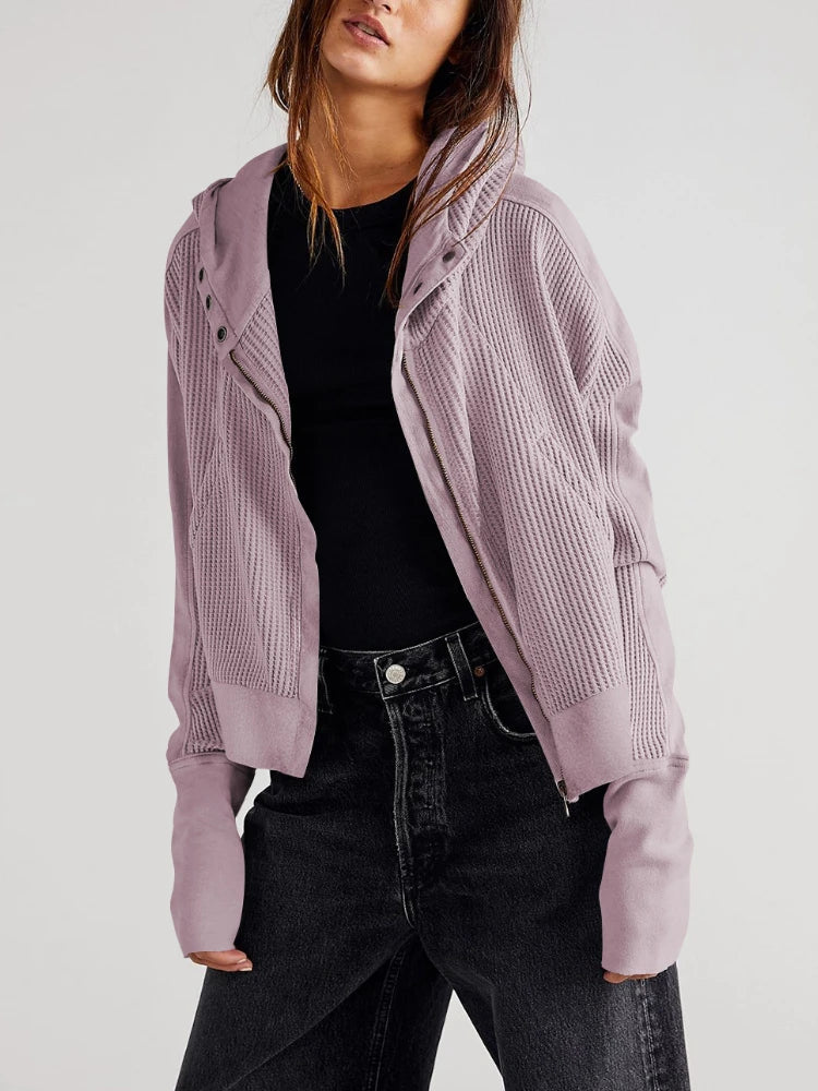 Sweat à Capuche Zippé Coton Femme – Coupe Crop Tricot Gaufré Style Actuel