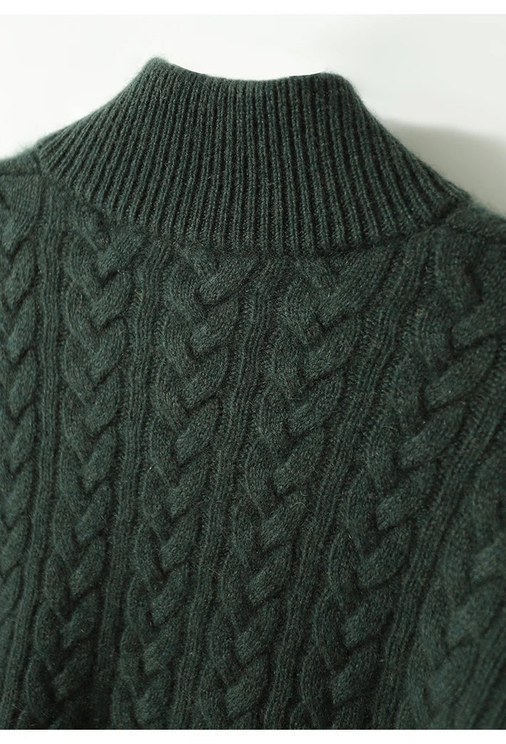 Pull en Laine et Coton Femme – Col Montant Boutonné et Maille Torsadée
