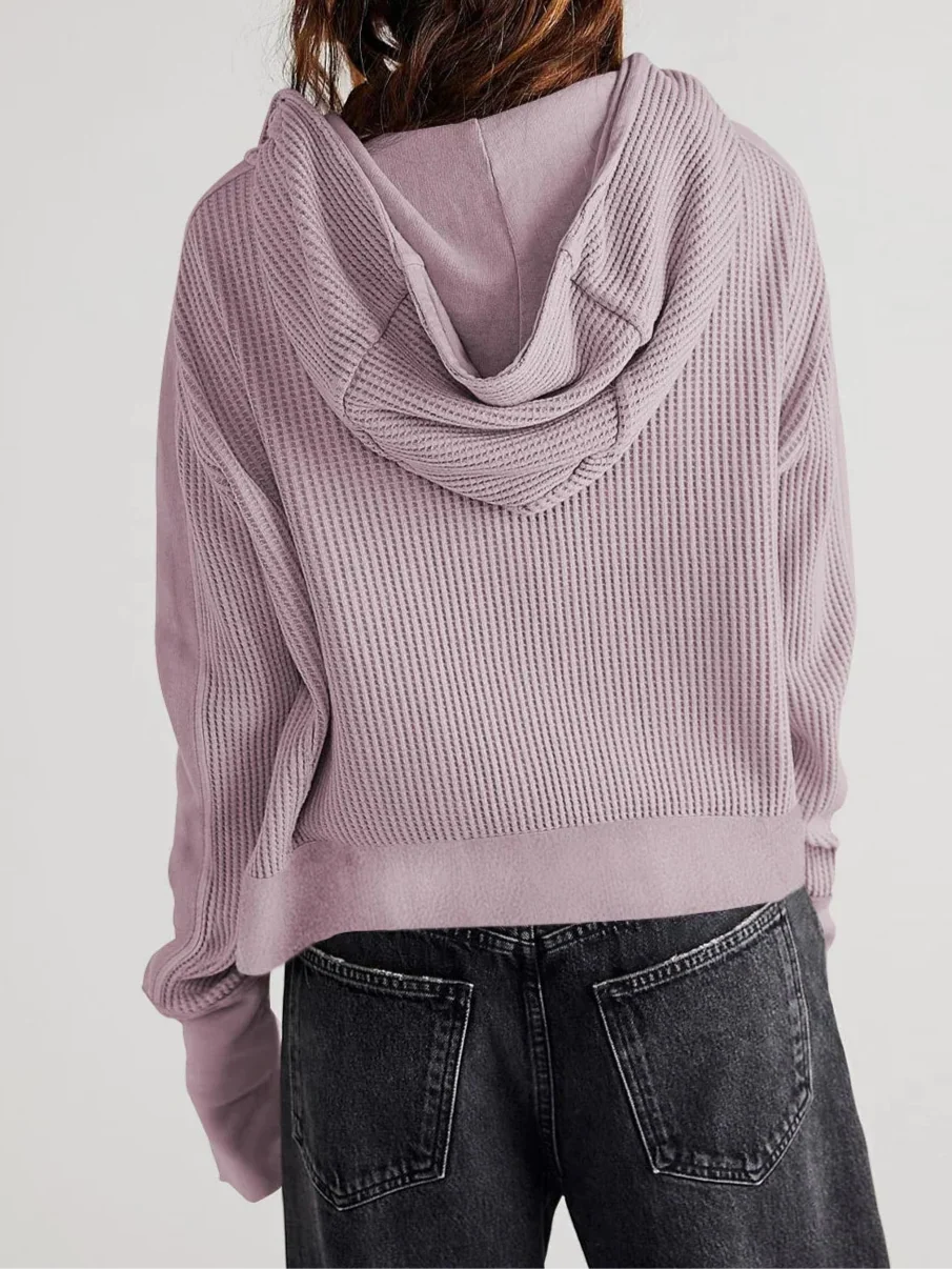 Sweat à Capuche Zippé Coton Femme – Coupe Crop Tricot Gaufré Style Actuel