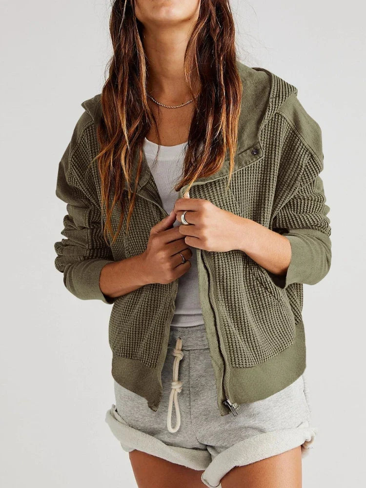 Sweat à Capuche Zippé Coton Femme – Coupe Crop Tricot Gaufré Style Actuel