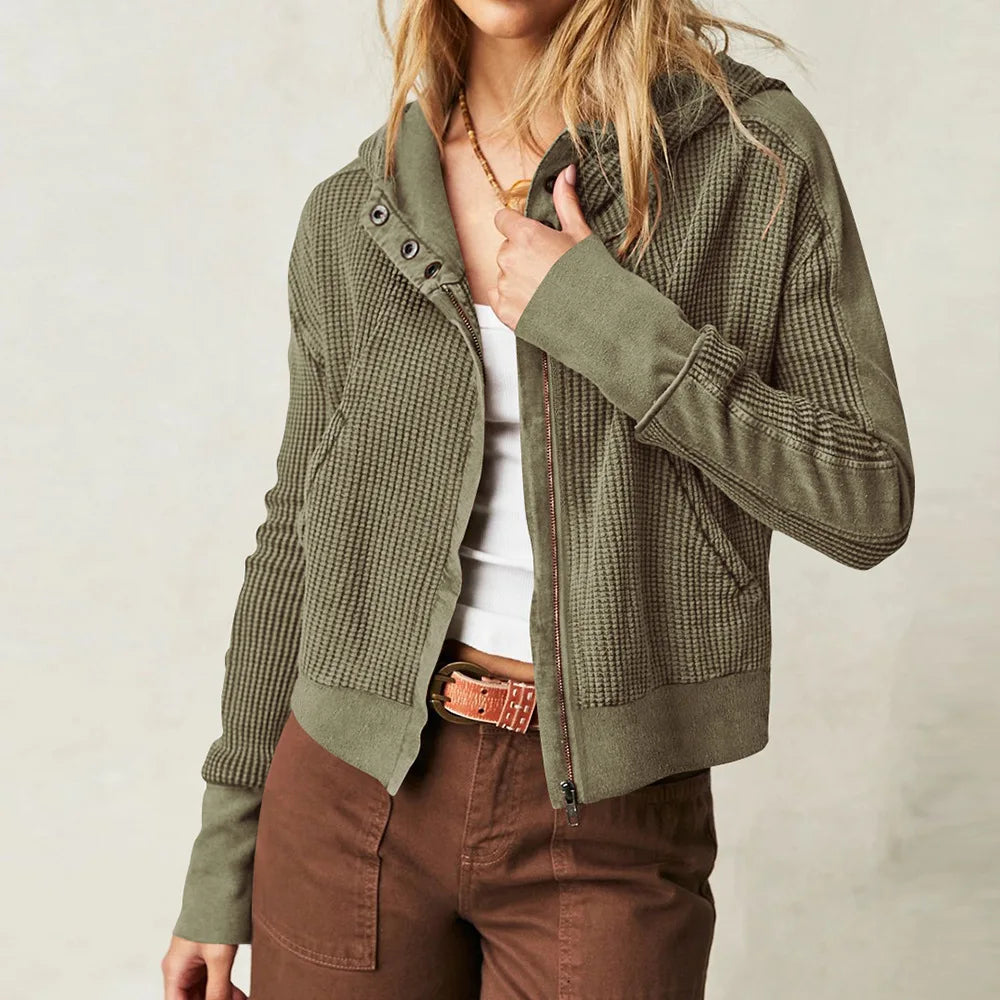 Sweat à Capuche Zippé Coton Femme – Coupe Crop Tricot Gaufré Style Actuel