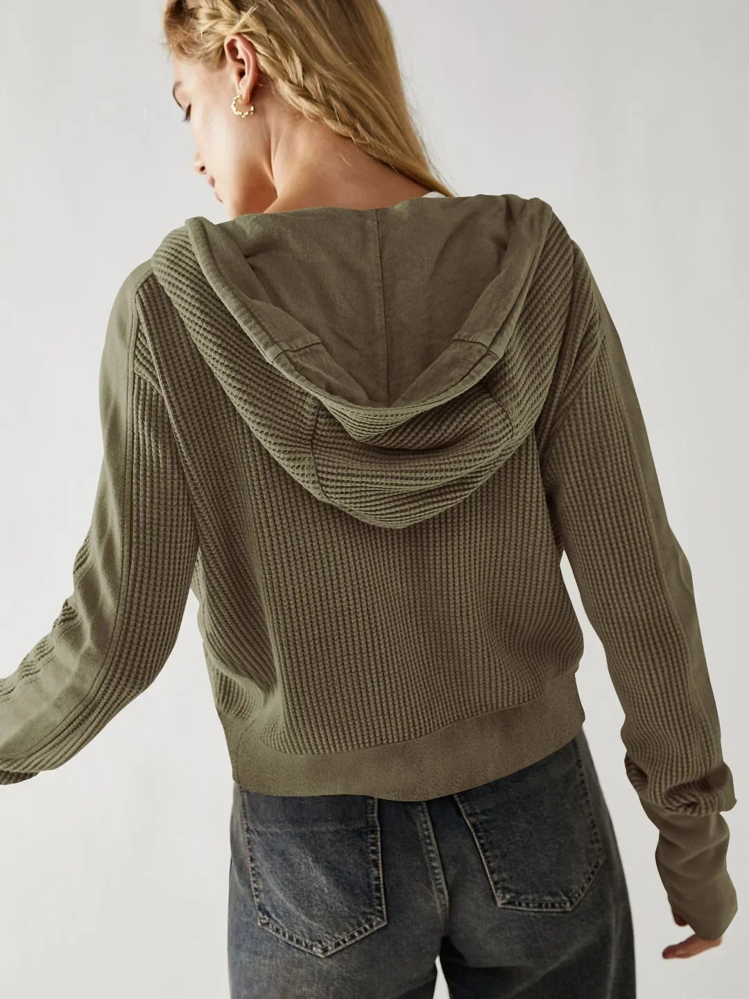 Sweat à Capuche Zippé Coton Femme – Coupe Crop Tricot Gaufré Style Actuel