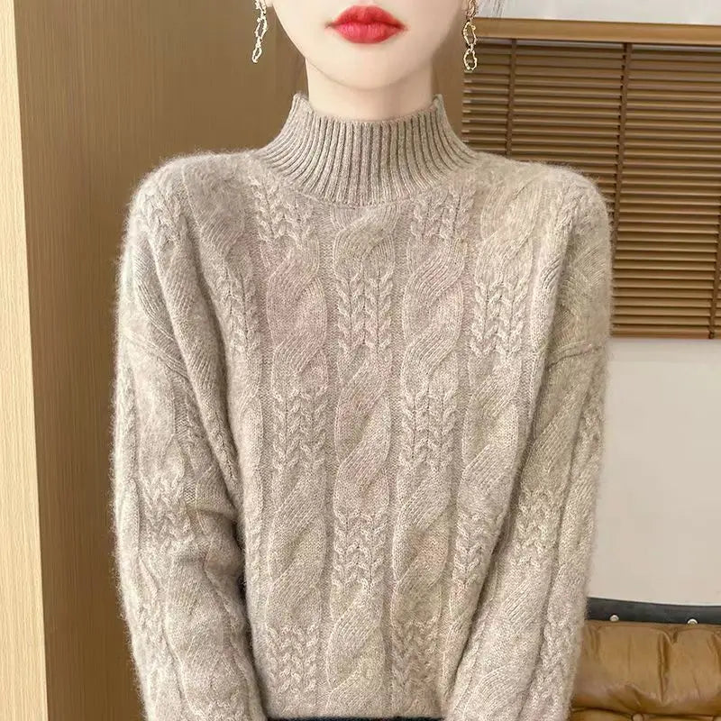 Pull en Cachemire Femme – Maille Torsadée et Col Mi-Haut Intemporel