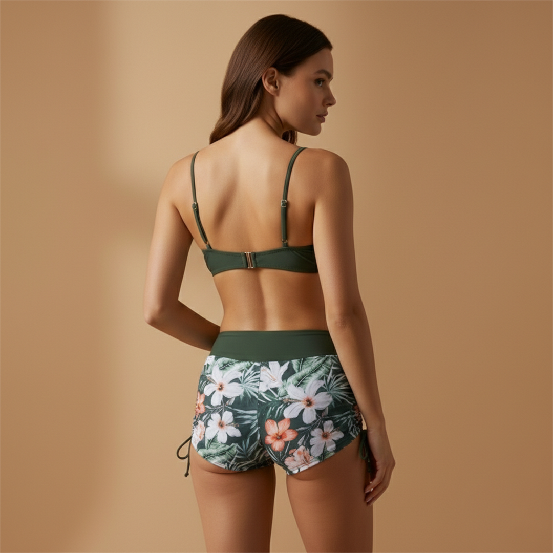 Tenue de plage pour femme - maillot short à motifs et haut à nouer | vacances