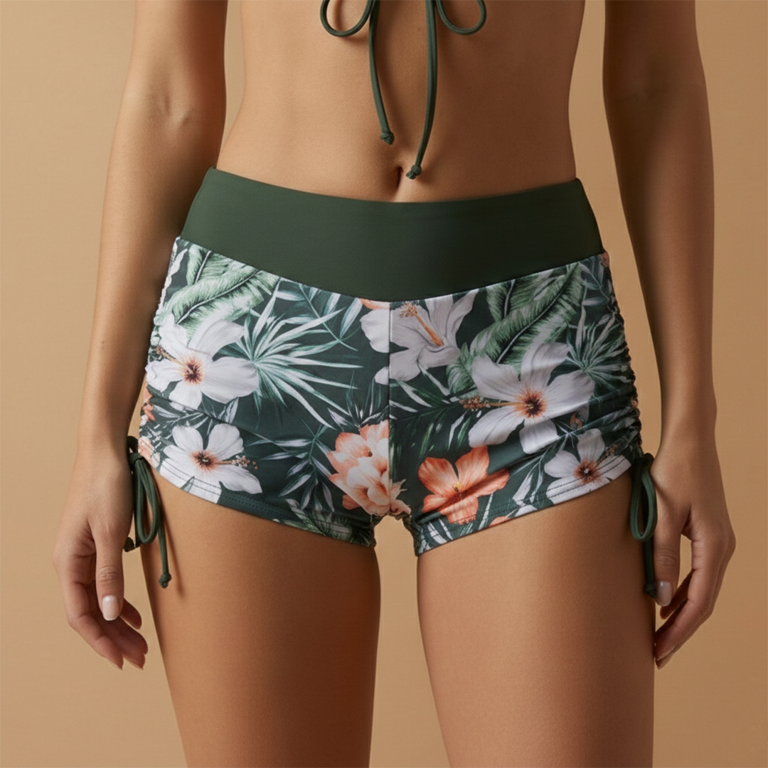 Tenue de plage pour femme - maillot short à motifs et haut à nouer | vacances