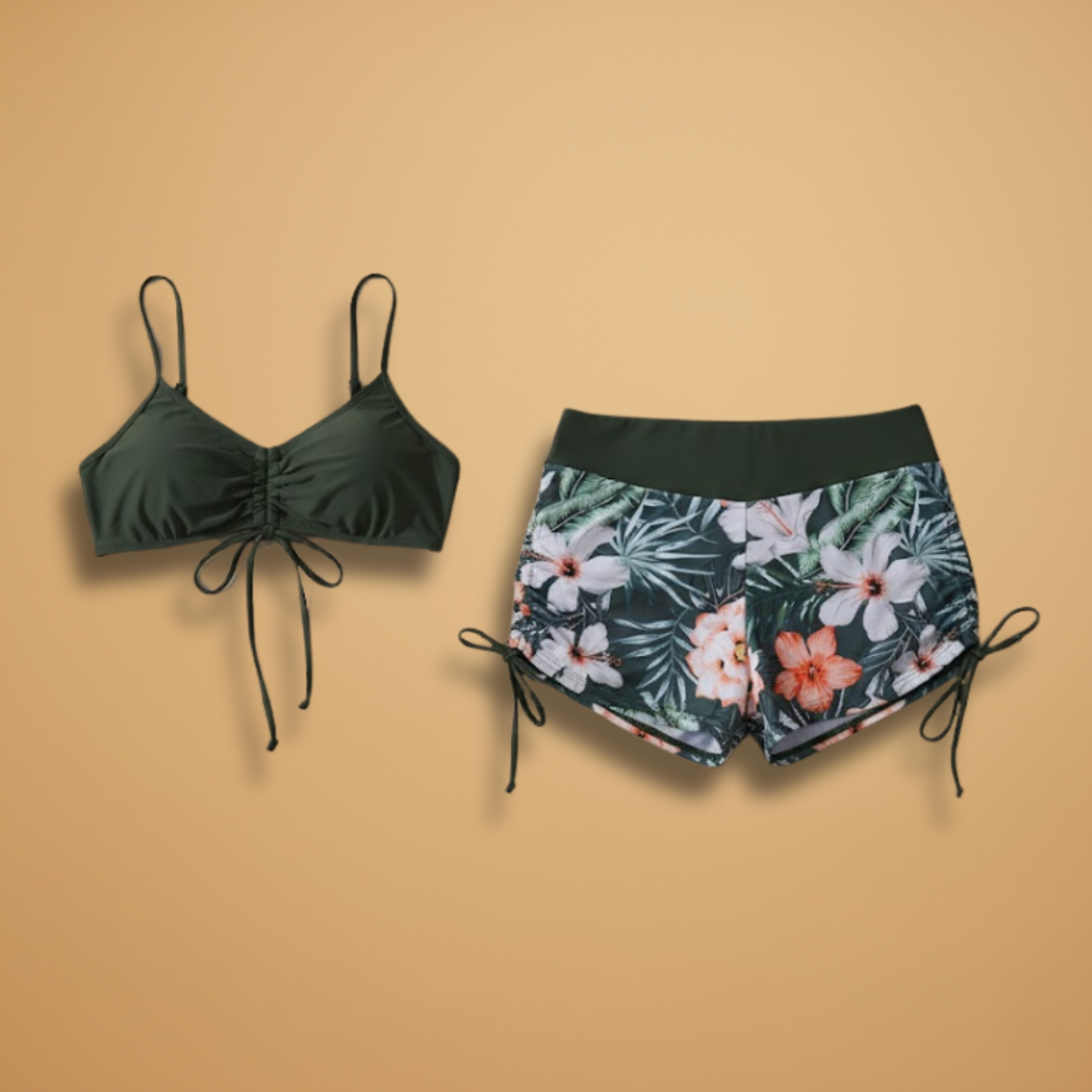 Tenue de plage pour femme - maillot short à motifs et haut à nouer | vacances