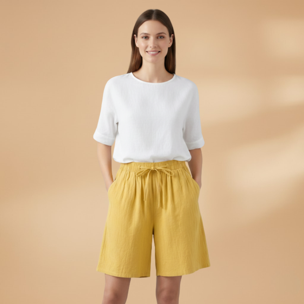 Short au genou femme — pantalon court large à taille froncée | vacances