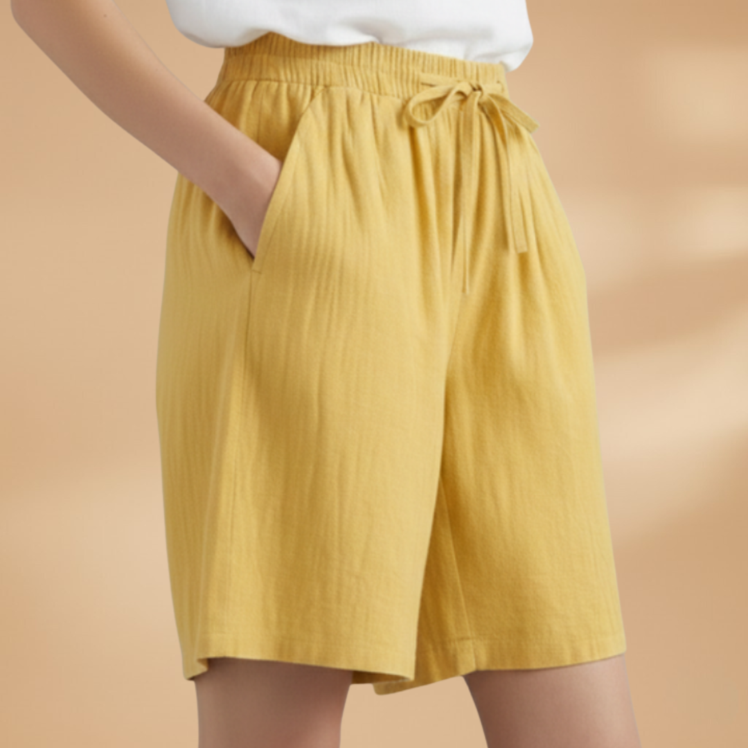 Short au genou femme — pantalon court large à taille froncée | vacances