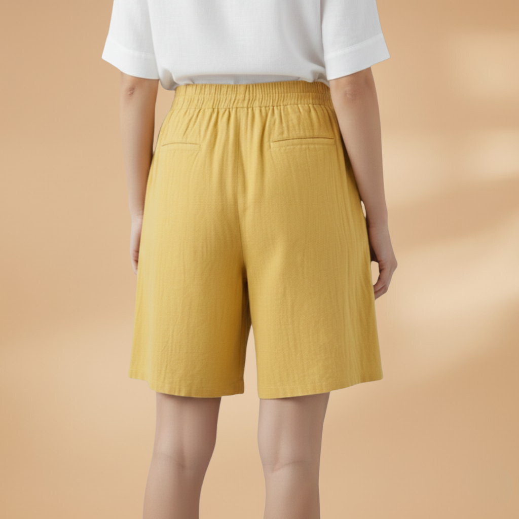 Short au genou femme — pantalon court large à taille froncée | vacances