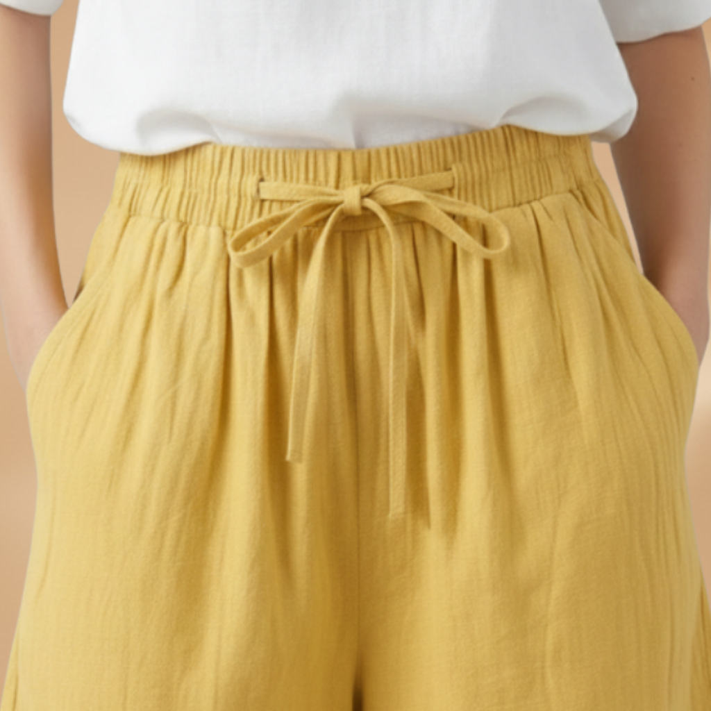 Short au genou femme — pantalon court large à taille froncée | vacances