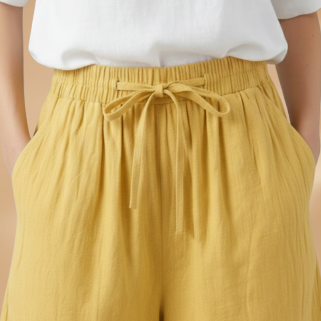 Short au genou femme — pantalon court large à taille froncée | vacances