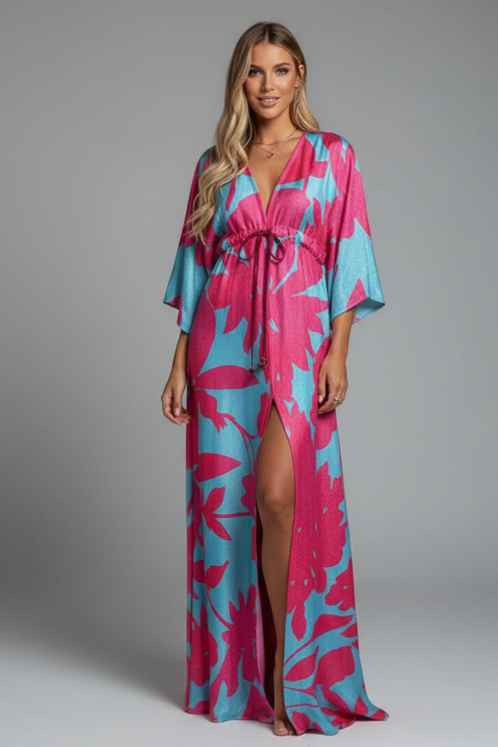 Robe longue pour femme — coupe ample imprimée avec cordon de serrage | vacances
