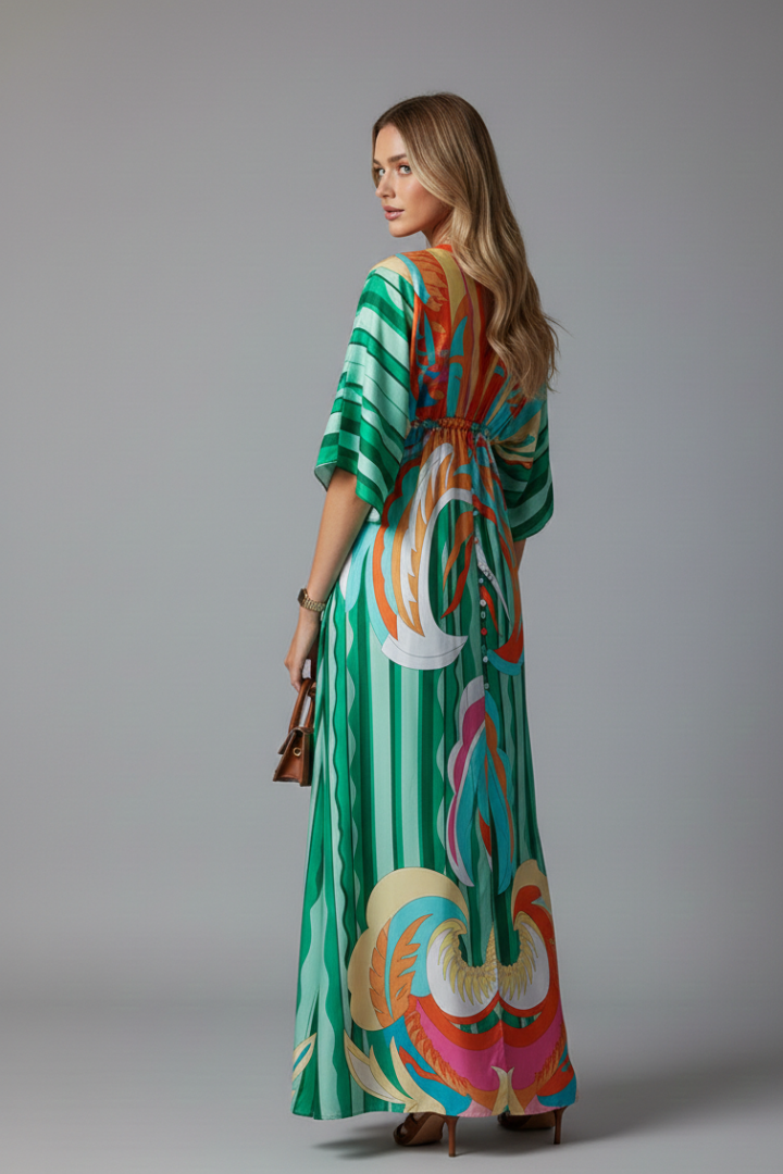 Robe longue pour femme — coupe ample imprimée avec cordon de serrage | vacances