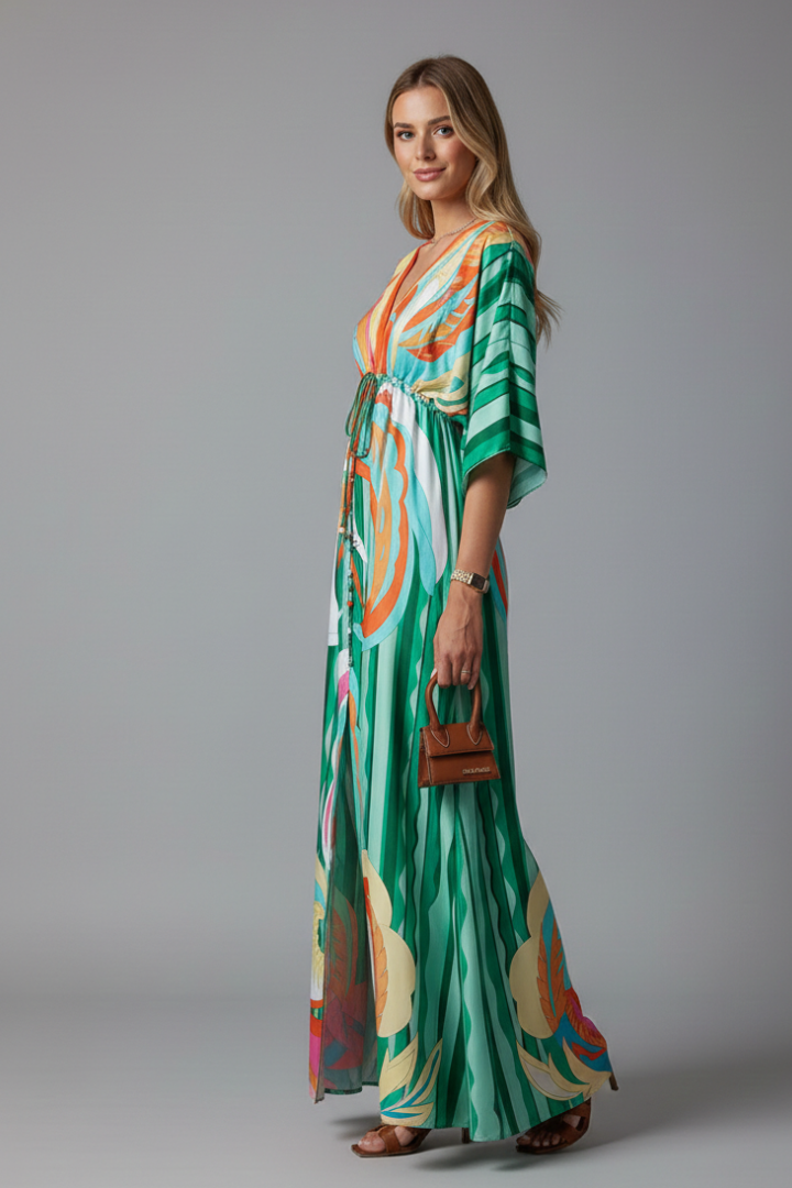 Robe longue pour femme — coupe ample imprimée avec cordon de serrage | vacances