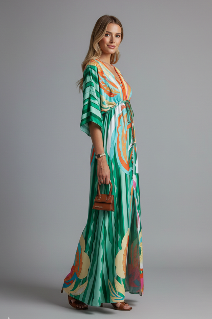 Robe longue pour femme — coupe ample imprimée avec cordon de serrage | vacances