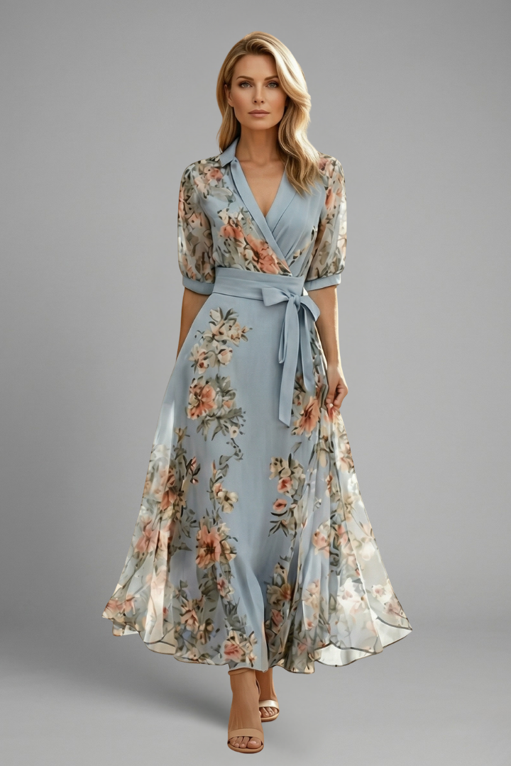 Robe mi-longue pour femme — modèle évasé à imprimé floral imprimé