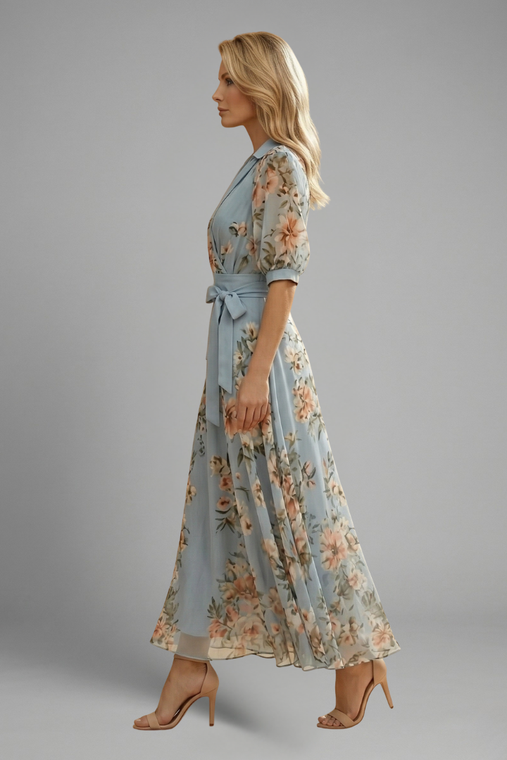 Robe mi-longue pour femme — modèle évasé à imprimé floral imprimé