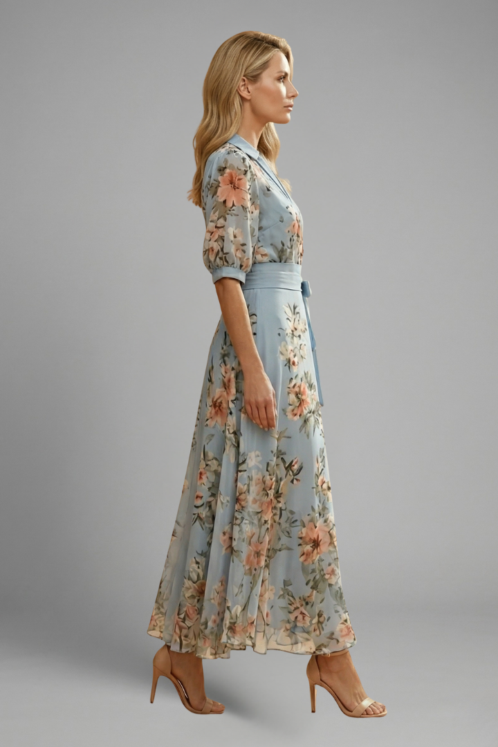 Robe mi-longue pour femme — modèle évasé à imprimé floral imprimé