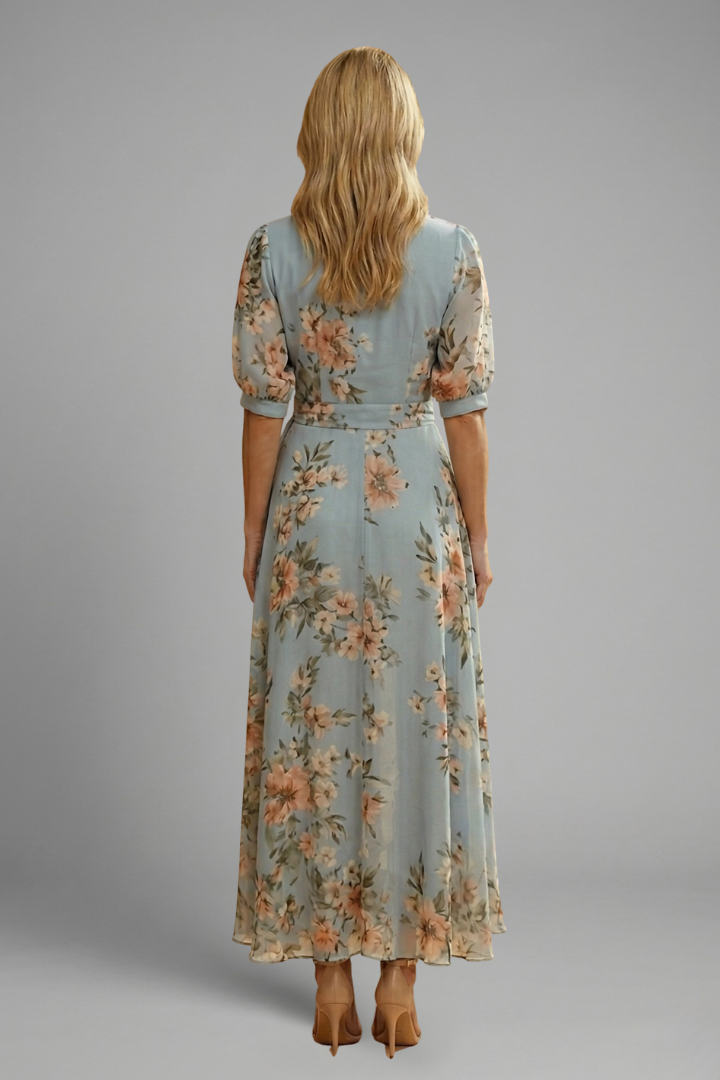 Robe mi-longue pour femme — modèle évasé à imprimé floral imprimé