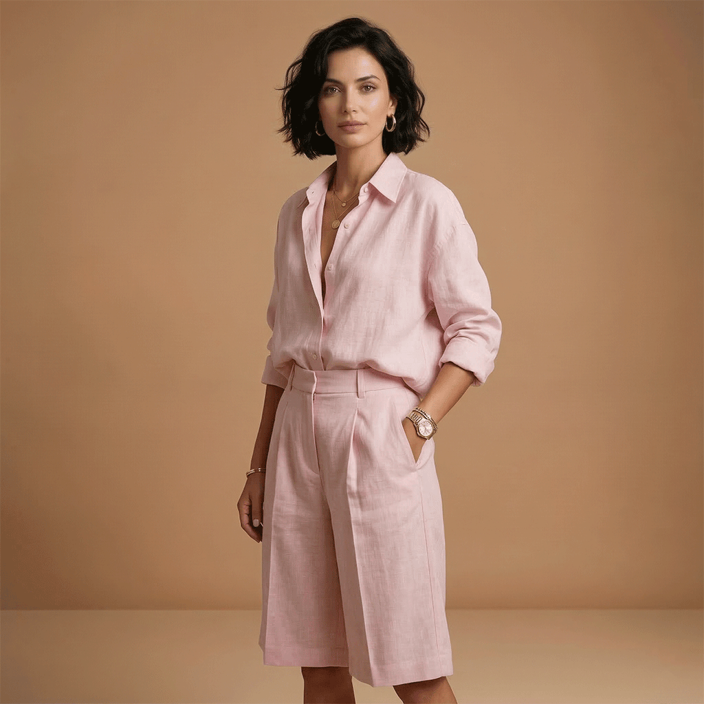 Parure chemise et pantalon court femme - ensemble plissé avec poches | vacances