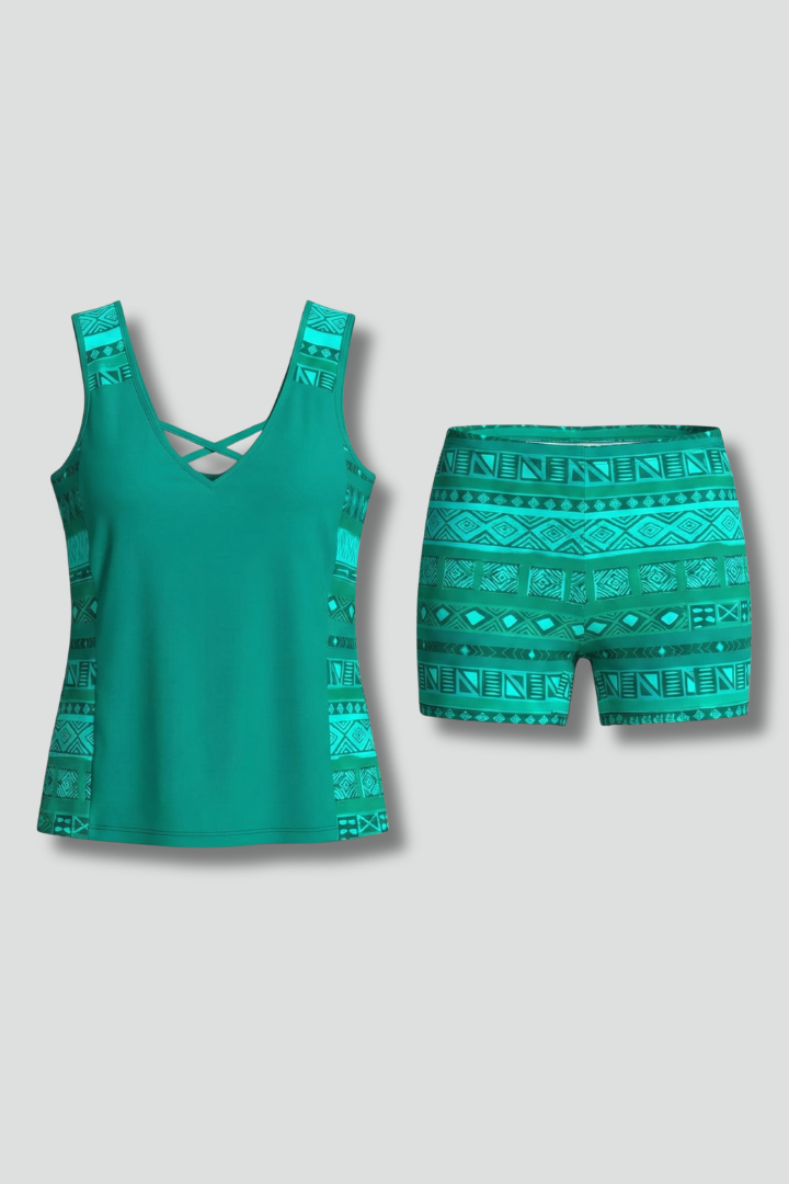 Maillot de bain deux pièces pour femme — tankini col V à imprimé géométrique